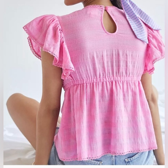 Anthropologie Plenty Tracy Reese Babydoll Top M Pink Boho Floral Embroidered - Picture 2 of 6